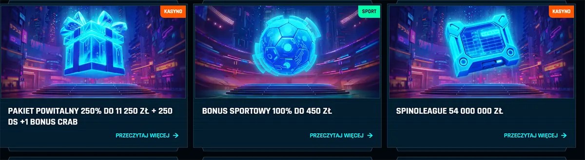 Polish online casino promotion cards displaying a welcome package up to 11,250 zł + 250 free spins, a sports bonus up to 450 zł, and a Spinoleague promotion with a 54,000,000 zł prize pool.