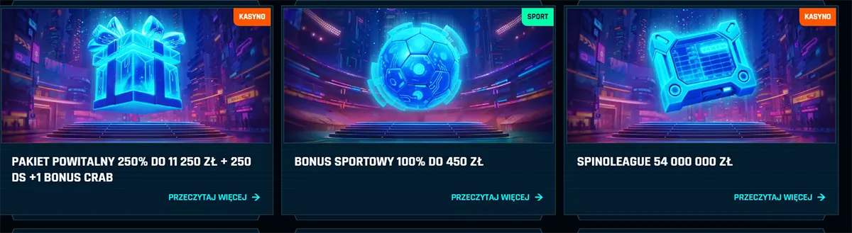 Polish online casino promotion cards displaying a welcome package up to 11,250 zł + 250 free spins, a sports bonus up to 450 zł, and a Spinoleague promotion with a 54,000,000 zł prize pool.