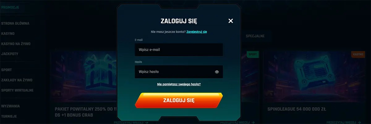 Polish online casino login popup with the title “Zaloguj się,” showing email and password fields, a password recovery link, registration option, and a large orange login button on a dark casino interface.
