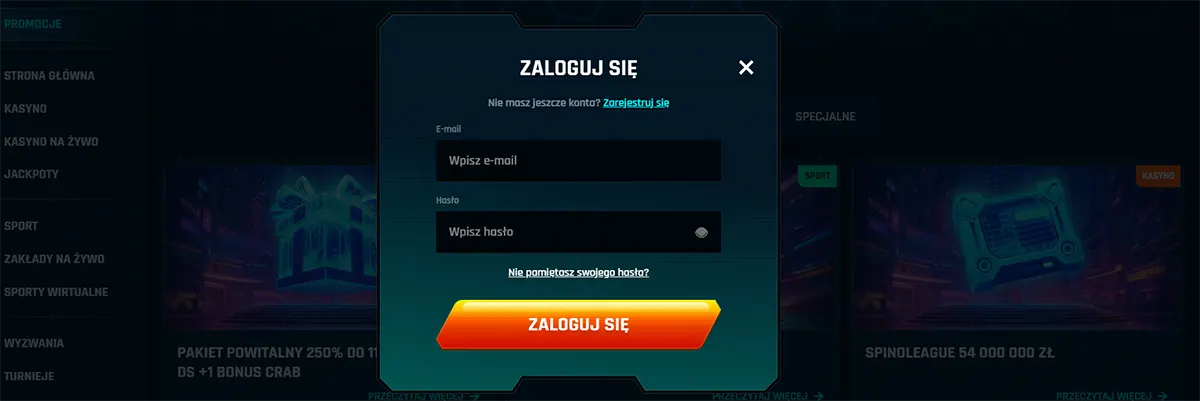 Polish online casino login popup with the title “Zaloguj się,” showing email and password fields, a password recovery link, registration option, and a large orange login button on a dark casino interface.